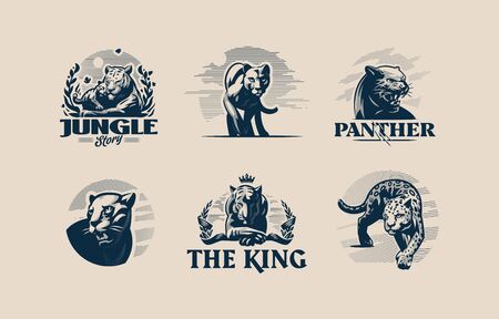 Collection of wild predatory cats. Stylized emblems. Tiger, panther, jaguar, cougar. Vector illustration.のイラスト素材
