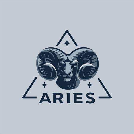The head of a ram or Aries. Swirling horns, looking gloomy. Back triangle with stars. Zodiac sign.のイラスト素材