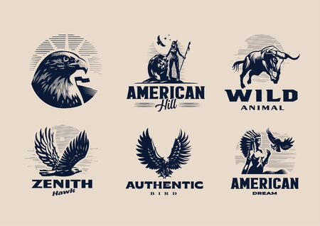 A selection of illustrations, emblems, badges on the American theme. Eagles, birds of prey, indigenous Indians, bull, bear.のイラスト素材