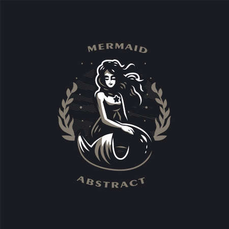 Mermaid. Woman with a fish tail. On the chest is a star. Around algae and bubbles. Black background. Vector illustrations.のイラスト素材
