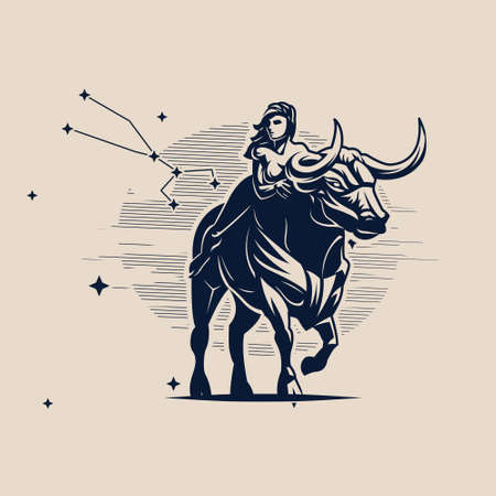 Sign of the zodiac Taurus. A woman is riding a bull. Constellation of Taurus. White background. Vector illustration.のイラスト素材