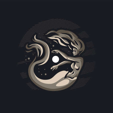 Mermaid. Woman with a fish tail. Mermaid holding a luminous pearl in her hands. Black background. Vector illustrations.のイラスト素材