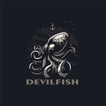 Stylized octopus with tentacles in the sea. Around the bubbles and the anchor. Black background. Vector illustration.のイラスト素材