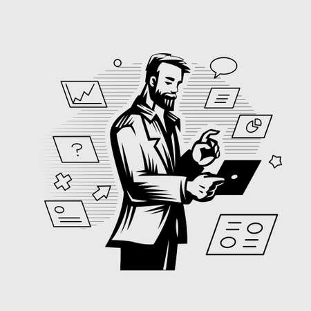 A businessman in a business suit with a computer tablet is engaged in business operations.のイラスト素材