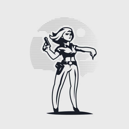 A female police officer with a pistol orders to lie on the ground.のイラスト素材