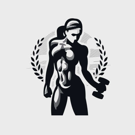 Fitness woman in sportswear looks down and holds a dumbbell in her hand. Vector silhouette.のイラスト素材