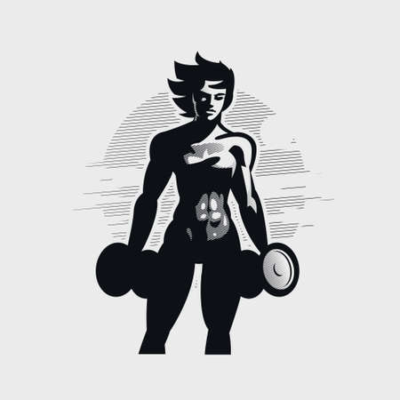 Fitness Woman with a beautiful athletic figure in a short top and flowing hair. Stands with two dumbbells in handのイラスト素材