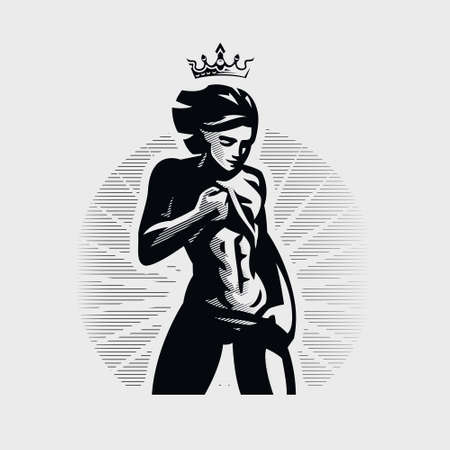 A woman with a beautiful athletic figure in a short top and flowing hair. He stands with his shirt up and shows his abs. On the head is a crown.のイラスト素材