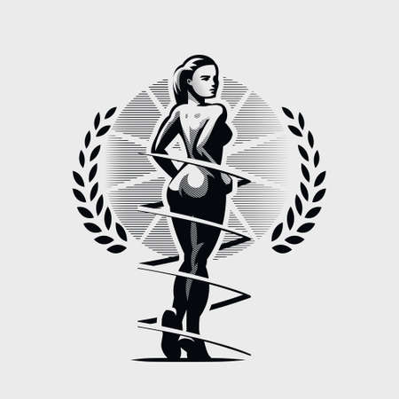 A woman with a beautiful figure stands with her back turned face. A ribbon wriggles around her. Around her are bay leaves.のイラスト素材