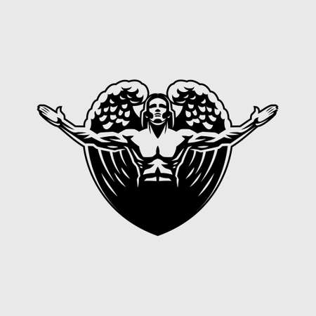 A muscular male angel with wings looks up and spreads his arms to the sides. The wings form a heart shape.のイラスト素材