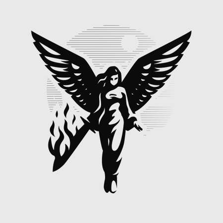 A woman angel with wings walks with a burning sword in her hands. Angel of the apocalypse.のイラスト素材