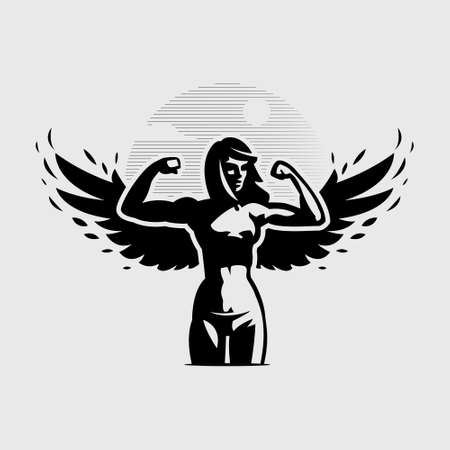Angel woman with wings bends her arms at the elbow, showing biceps.のイラスト素材