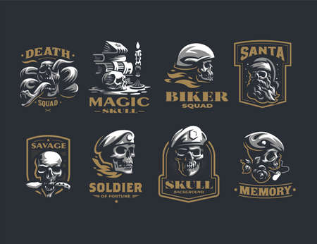 Collection of vintage vector emblems. Human skulls in a helmet, with a snake, in a military beret, with a knife and a beard, a candle, a book, rosesのイラスト素材