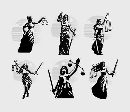 Collection of Goddess of Justice Themis. A woman in a tunic blindfolded with a sword in one hand and scales in the other. Vector silhouette illustrationのイラスト素材