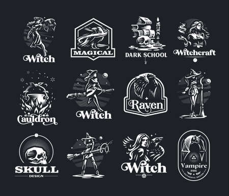 Collection of vintage emblems on the occult theme. Witchcraft, witches, bat, raven, broom, moon, skull, spell book, candle, cauldronのイラスト素材