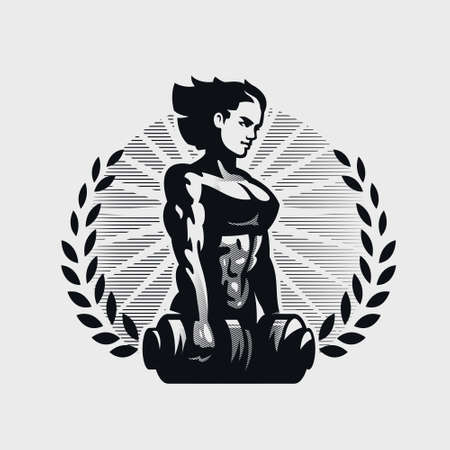 Muscular woman looks forward and holds two dumbbells. Vector emblem.のイラスト素材
