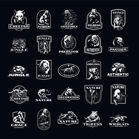 Collection of vintage vector emblems depicting wild cats in various poses and portrait. Leopard, puma, lion, jaguar, panther, lion and cheetahのイラスト素材