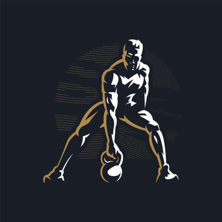 Fitness man with muscles trains with large kettlebell. Vector illustration.のイラスト素材