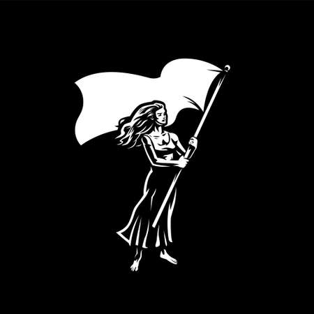 Woman with a flag. A woman waves a large flag. Protest, meeting, demonstration, voting.のイラスト素材