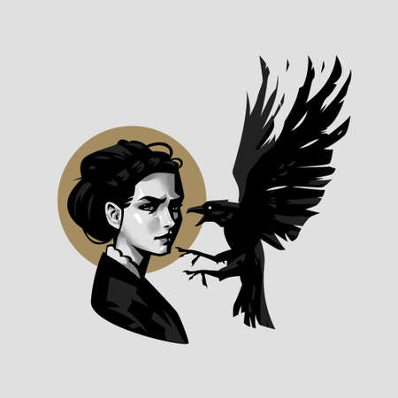 Vintage portrait of a woman in a classic dress. The raven flies towards her face.のイラスト素材