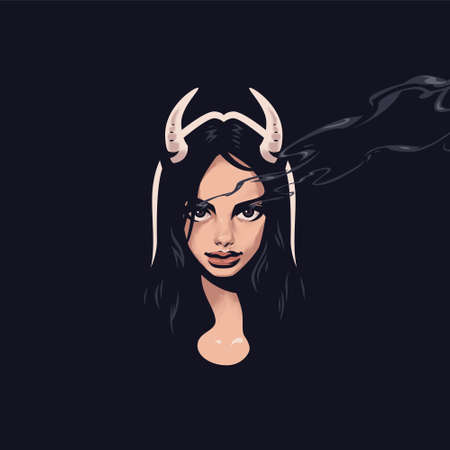 A mystical look. A devil woman with horns on her head. Black background. Magically it comes from the eyes.のイラスト素材