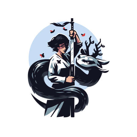 A female samurai in a kimono pulls a Japanese sword out of its scabbard. I fly butterflies all around. Around the woman, a Japanese dragon wriggles with branches instead of horns.のイラスト素材
