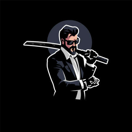 A man in a jacket and sunglasses holds a Japanese sword in his hand and looks at the watch.のイラスト素材