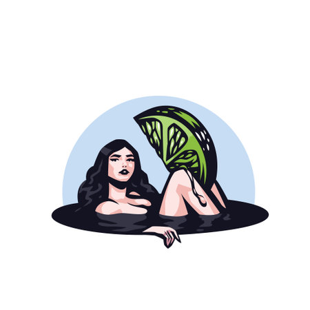 Cocktail Woman. A beautiful woman lies in a glass or a pond and holds a lemon or lime in her legsのイラスト素材