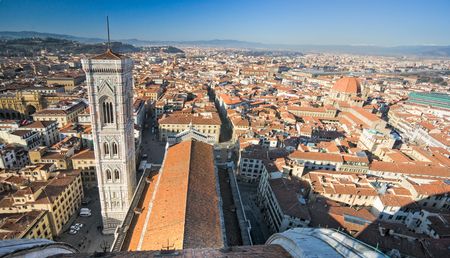 Florence, view of Duomo and Giotto's bell tower, and Santa croce, Tuscany, Italy.の写真素材