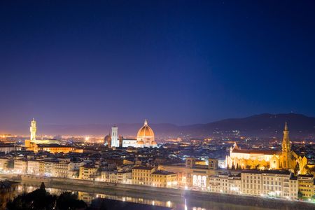 Florence, night view of Santa croce, piazza della Signoriaand Duomo.from Piazzale Michelangelo.の写真素材