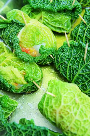 Roll of Savoy Cabbage with fish and tomato. の写真素材