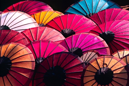 Umbrella at a tipical market, Luang Prabang, Laos.の写真素材