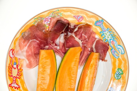Prosciutto di Parma ham and three slice of melon Melonの写真素材