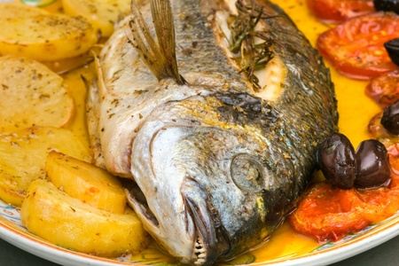 Fresh fish, Gilt-head Bream, cooked in owen with tomatoes, potatoes and olivesの写真素材