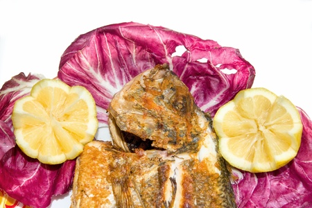 Fresh fish, Gilt-head Bream, grilled and served with red salad and lemon. Isolated on white.の写真素材