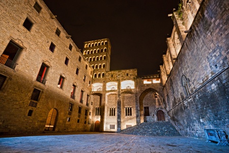 Barcelona: medieval Palau Reial (Royal Palace in catalan) at Placa del Rei (King's Square), in the heart of Barri Gotic (gothic quarter). Barcelona, Catalonia, Spainのeditorial素材