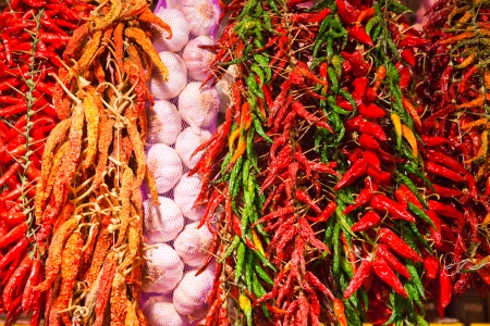 garlic and Red and green hot peppers backgroundの写真素材