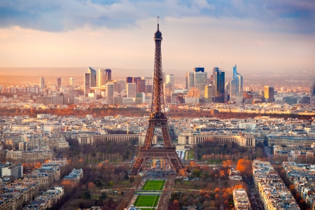 Aerial view of Paris at sunsetの写真素材