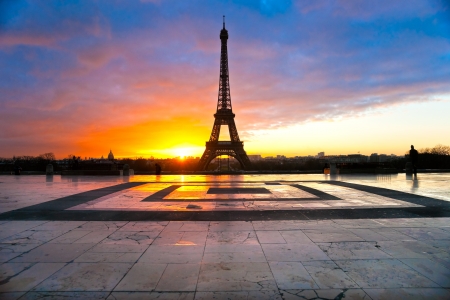 View of the Eiffel tower at sunrise, Paris.の写真素材