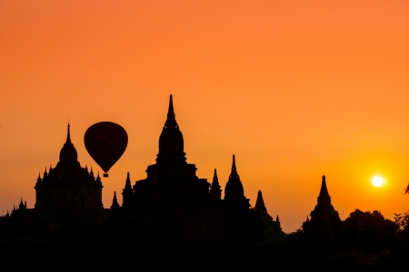 Silhouette of buddhist temple at sunset in Bagan, Myanmar.の写真素材