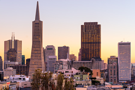 Downtown San Francisco at twilight, California, USA.の写真素材