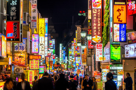 TOKYO - NOVEMBER 13: Billboards in Shinjuku's Kabuki-cho district November 13, 2014 in Tokyo, JP. The area is a nightlife district known as Sleepless Town.のeditorial素材