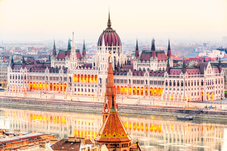 View of Budapest parliament at sunrise in Hungaryの写真素材