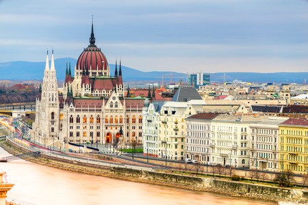 View of Budapest parliament at sunset, Hungaryの写真素材