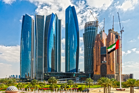 ABU DHABI, UAE - 08 FEBRUARY 2014: Etihad Towers buildings in Abu Dhabi. United Arab Emirates. Five towers complex with 74 floors is the third tallest building in Abu Dhabi.のeditorial素材