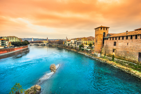 Verona, Italy. Scenery with Adige River and Ponte Scaligero and Castelvecchio,のeditorial素材