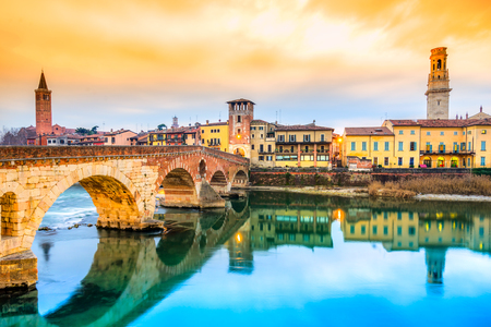 Verona, Italy. Scenery with Adige River and Ponte di Pietra.の写真素材