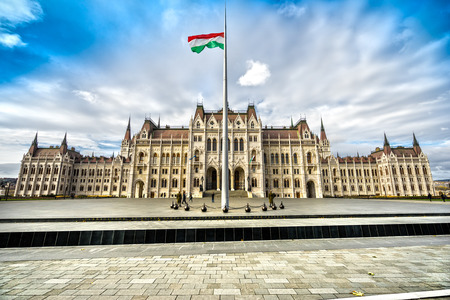 Entrance of Budapest parliament at sunrise, Hungaryの写真素材