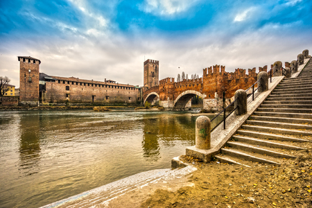 Verona, Italy. Scenery with Adige River and Ponte Scaligero and Castelvecchio,のeditorial素材