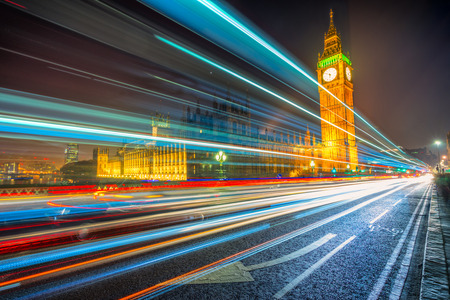 Thge Big Ben, House of Parliament and traffic light trail, London, UKの写真素材
